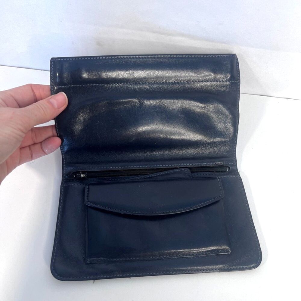 Bosca Leather Snap Top Foldover Pouch Wallet‎ VTG Full Grain Hide Black/Blue